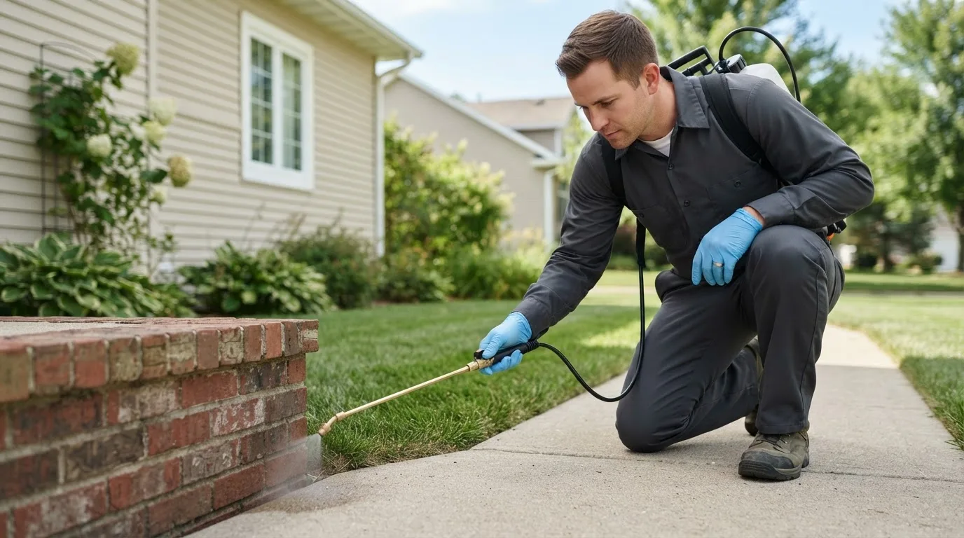 Pest control technician treating a home near Fostoria, MI