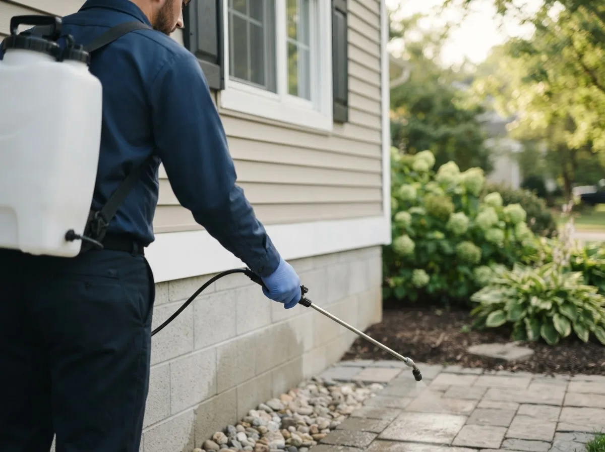 Pest control technician inspecting a home in Fostoria, MI